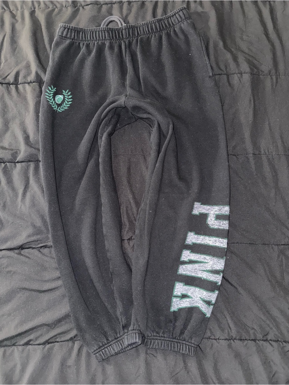 PINK Victoria's Secret Black Sweatpants with Green Logo Football M